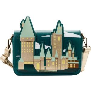 Loungefly Teal and Gold Hogwarts Castle Crossbody Bag
